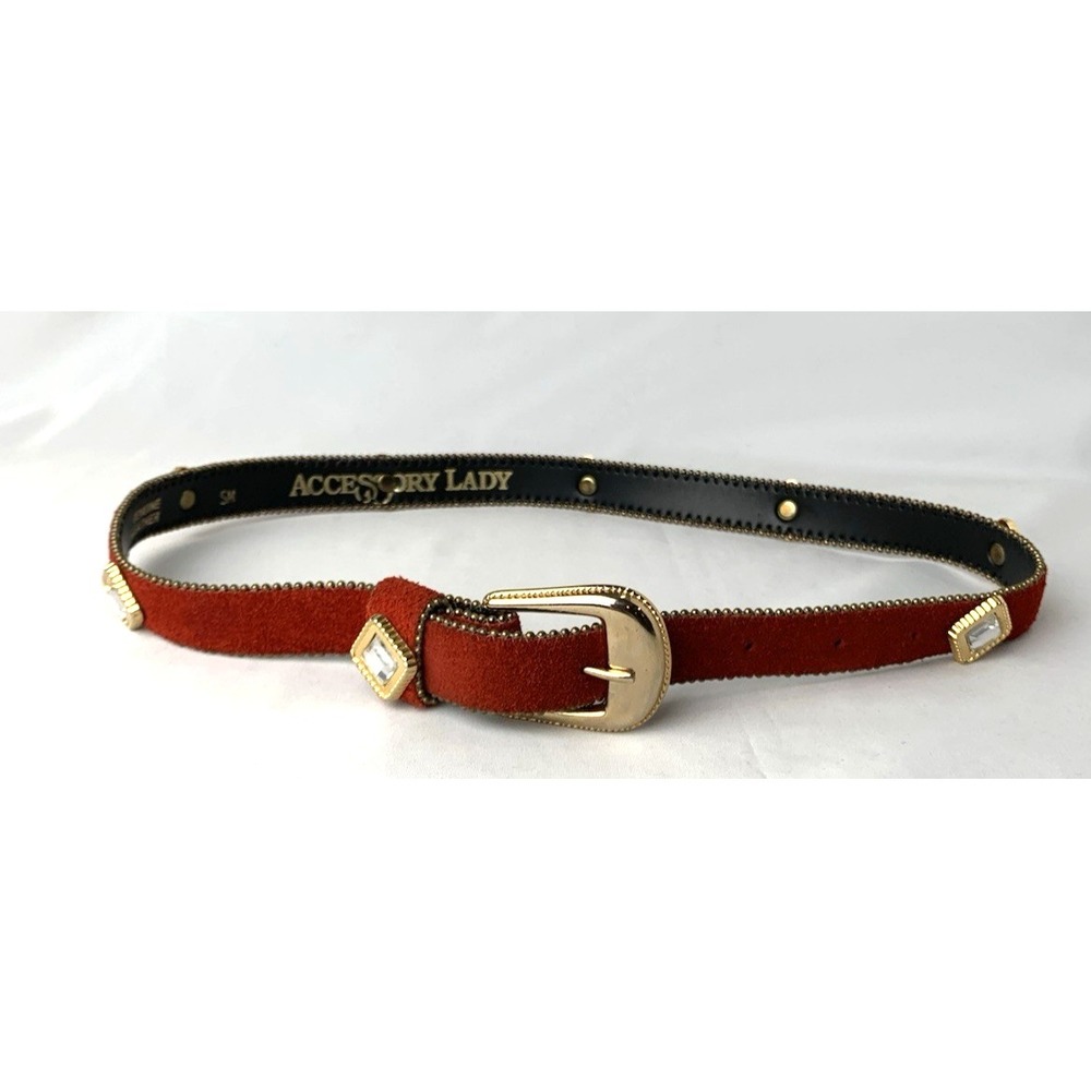 Accessory Lady Jeweled Belt Womens Small Red Suede Vintage 80s Maximalist Glam